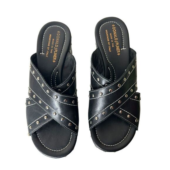 Donald J Pliner 6.5 M Black Studded Leather Platform Wedge Slides Comfort Italy - Picture 2 of 8